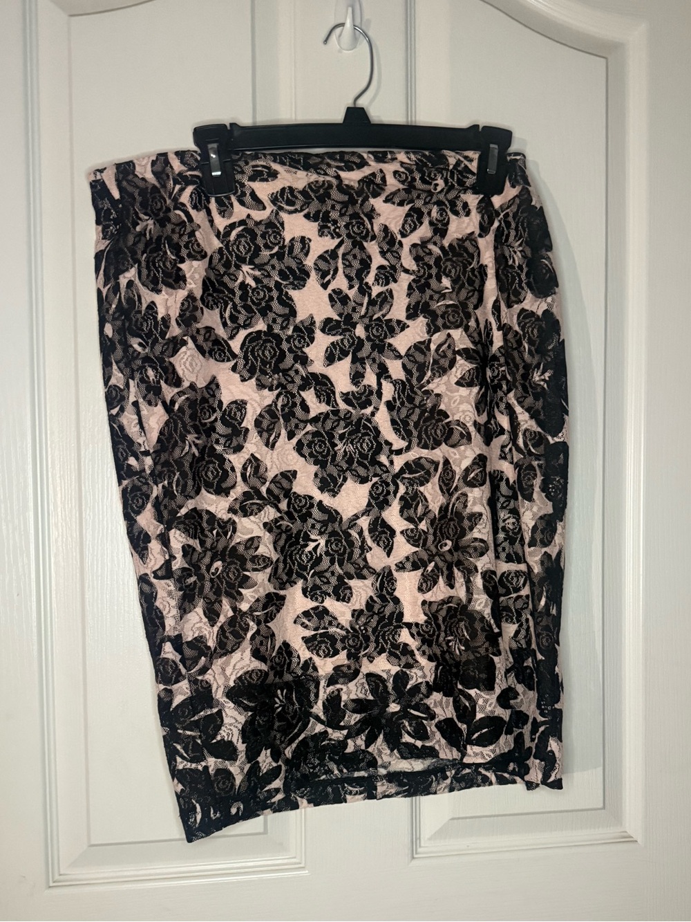 Elle Pink Pencil Skirt with Black Floral Lace Overlay